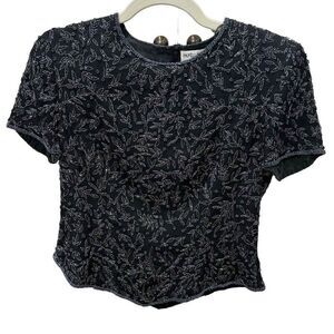 Vtg‎ Papell Boutique Silk Beaded Top Small Black Sparkle 90s Fairy Whimsigoth